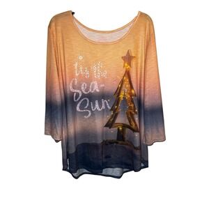 Sun Bay Top‎ Blouse Women's 2X Tis The Sea Sun Holiday Humor Round Neck